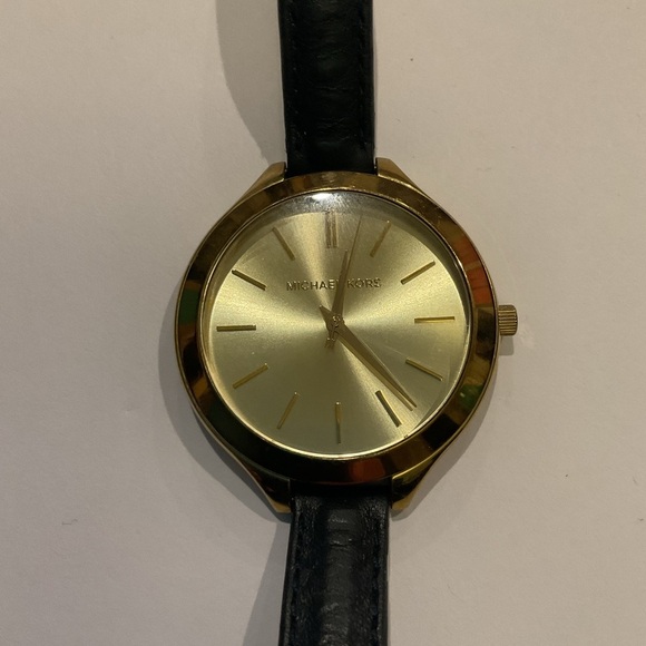 Michael Kors Blue Leather Slim Runway Wrap Around Dress Watch Bracelet Gold Face